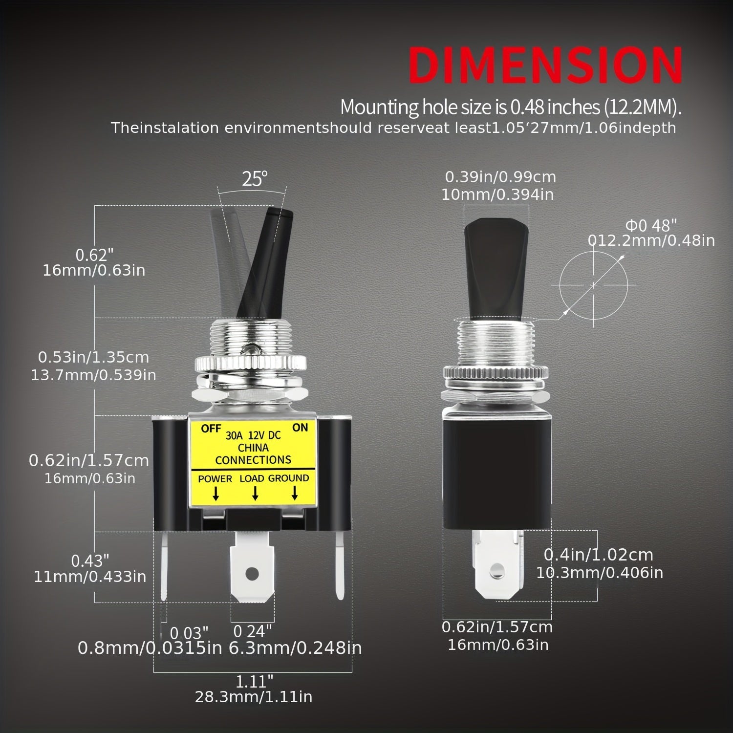 2 piezas interruptor de palanca LED de 30A para coche, barco, autocaravana, SPST ON Off con luz azul y roja