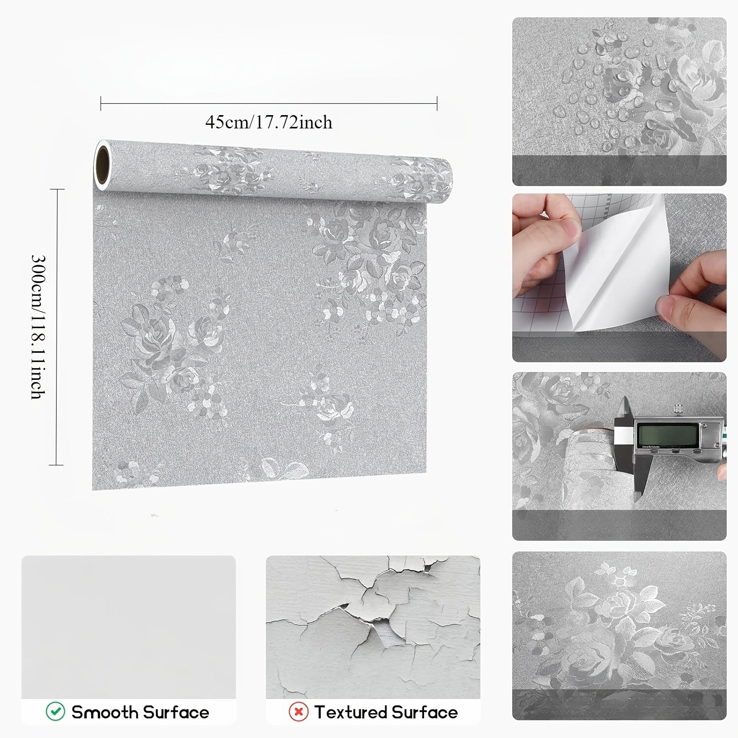 Silver Gray Floral Vinyl Wallpaper Roll Self-Adhesive Removable for Home Decor