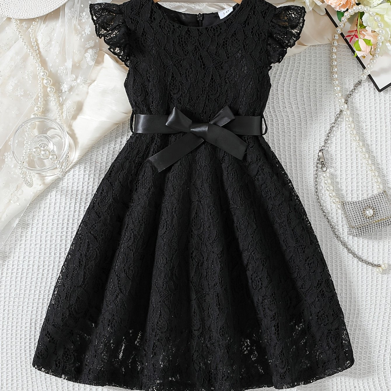 Girls' Summer Dress with Lace Detail Belt Flutter Sleeves Knee Length Fit and Flare Solid Polyester