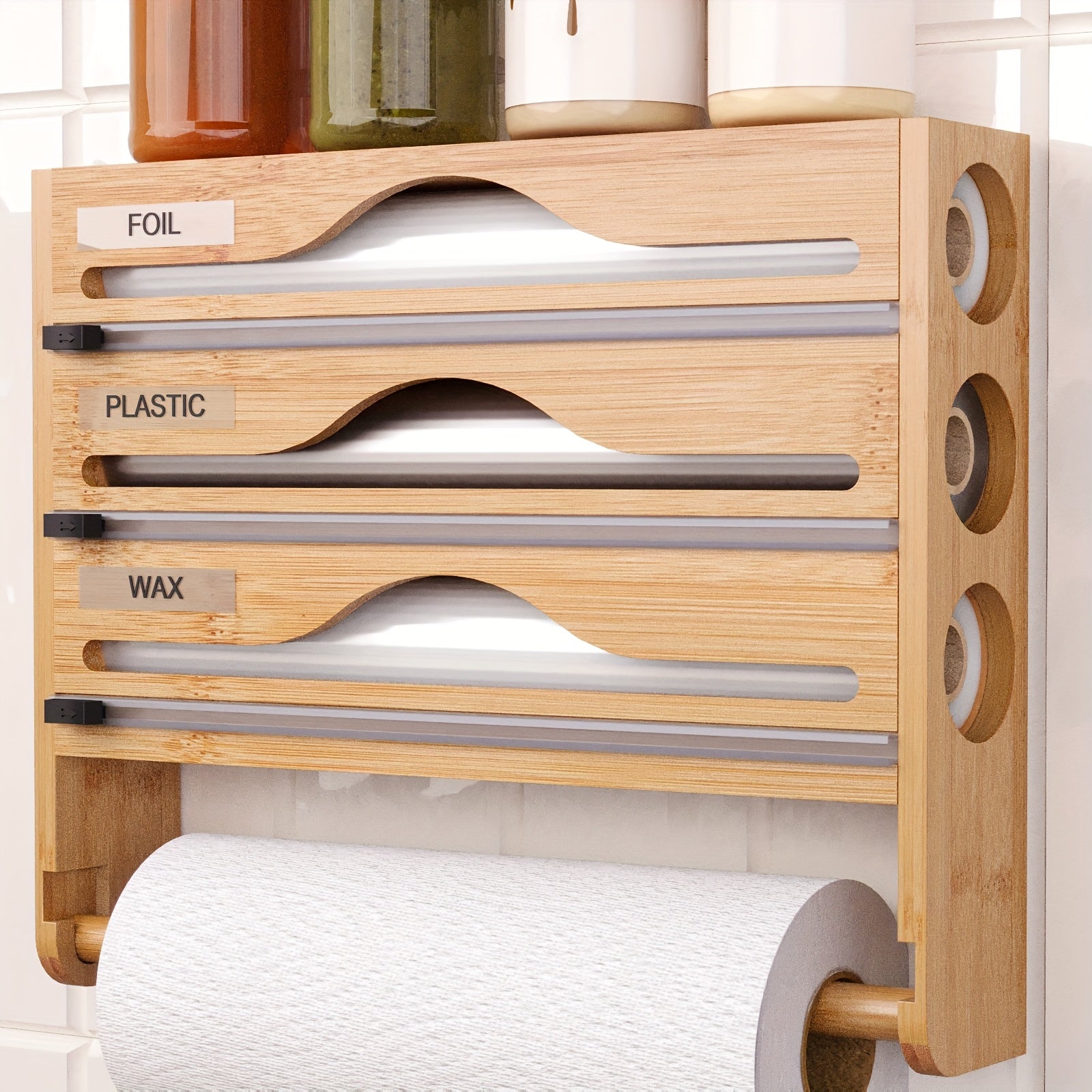 Bamboo Wall Mount Kitchen Wrap Organizer with Cutter and Labels