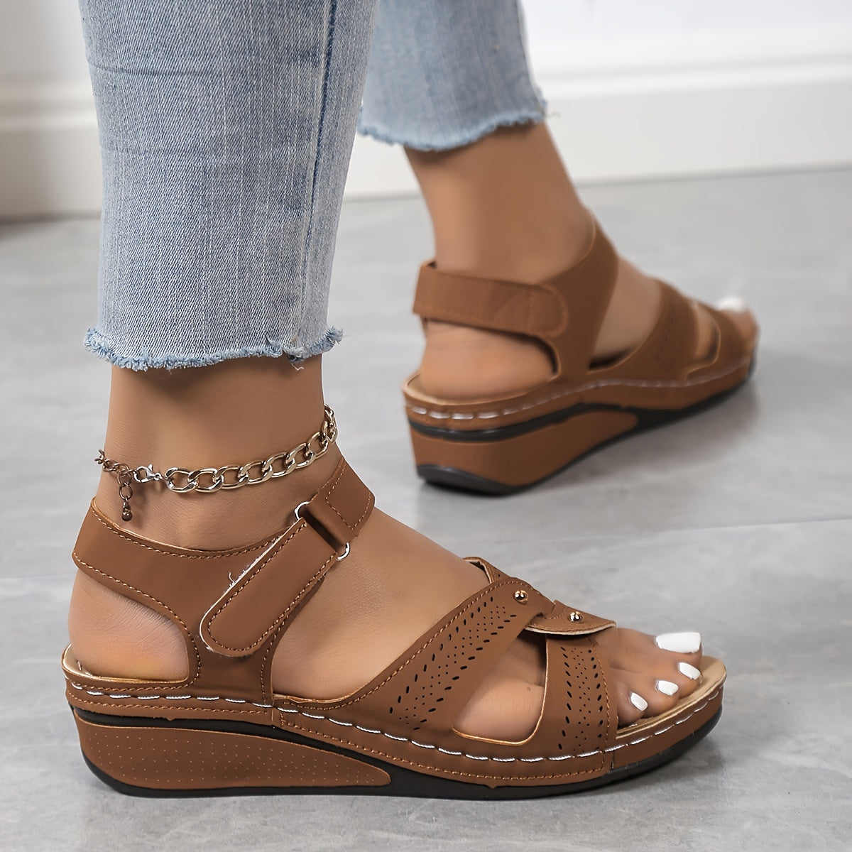 Women's Wedge Sandals Faux Cover Open Toe Floral Accents