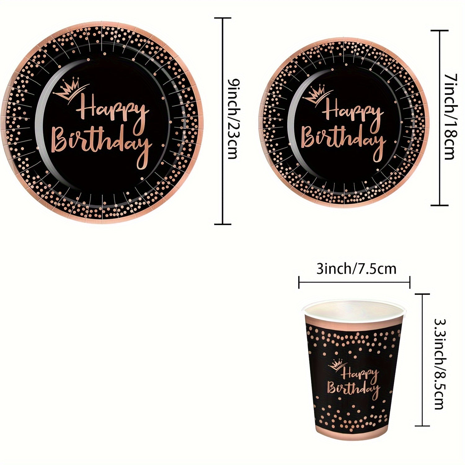 Set of 10 Black and Rose Gold Birthday Party Supplies Princess Crown Dinner Plates Napkins Cups Dessert Plates