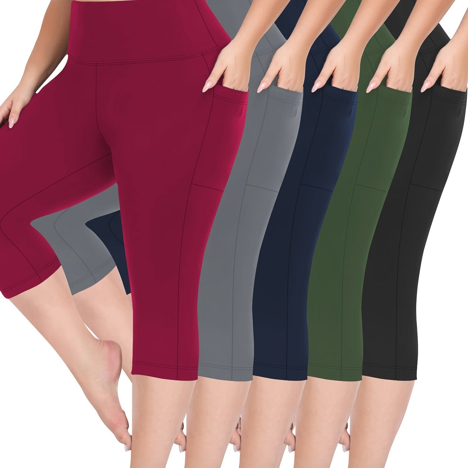 Plus Size High Waist Capri Leggings with Pockets Comfortable Stretch Solid Colors