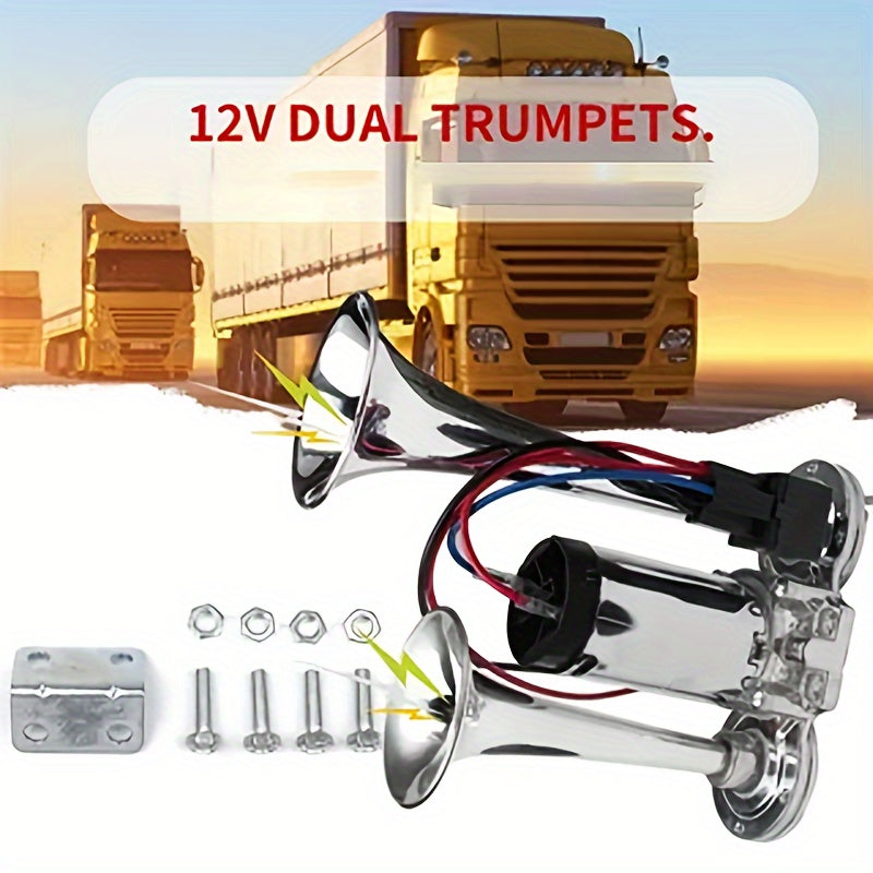 Universal Electric Dual Air Horn Kit for Vehicles, Loud, 12/24V