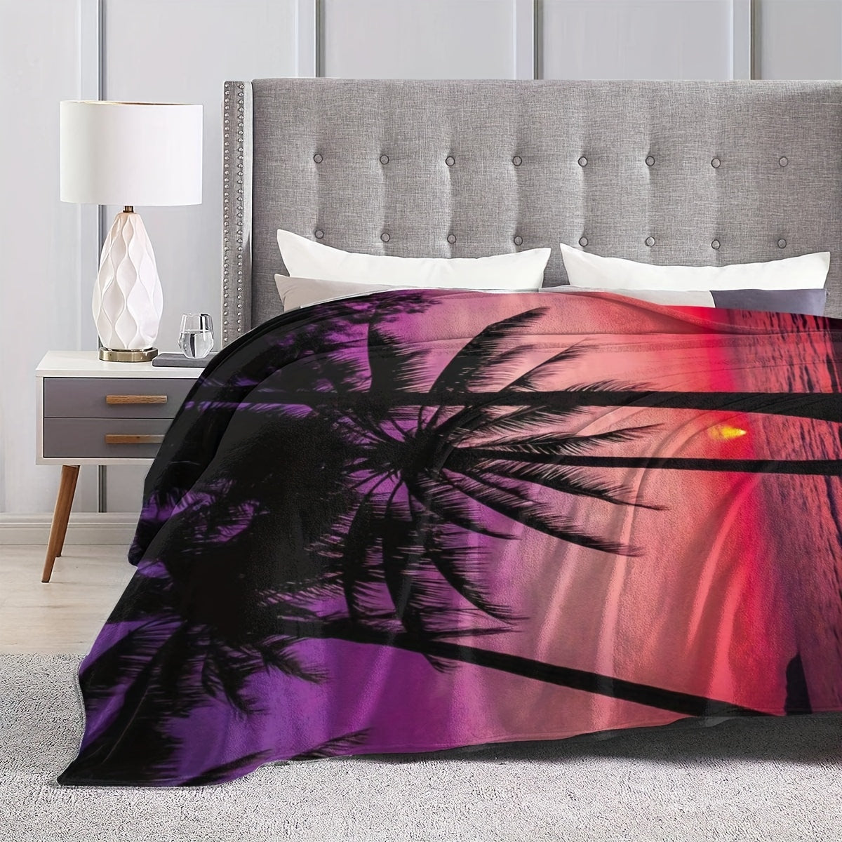 Luxurious Flannel Fleece Blanket Sunset Beach Palm Tree Design All-Season Throw for Home Travel Camping