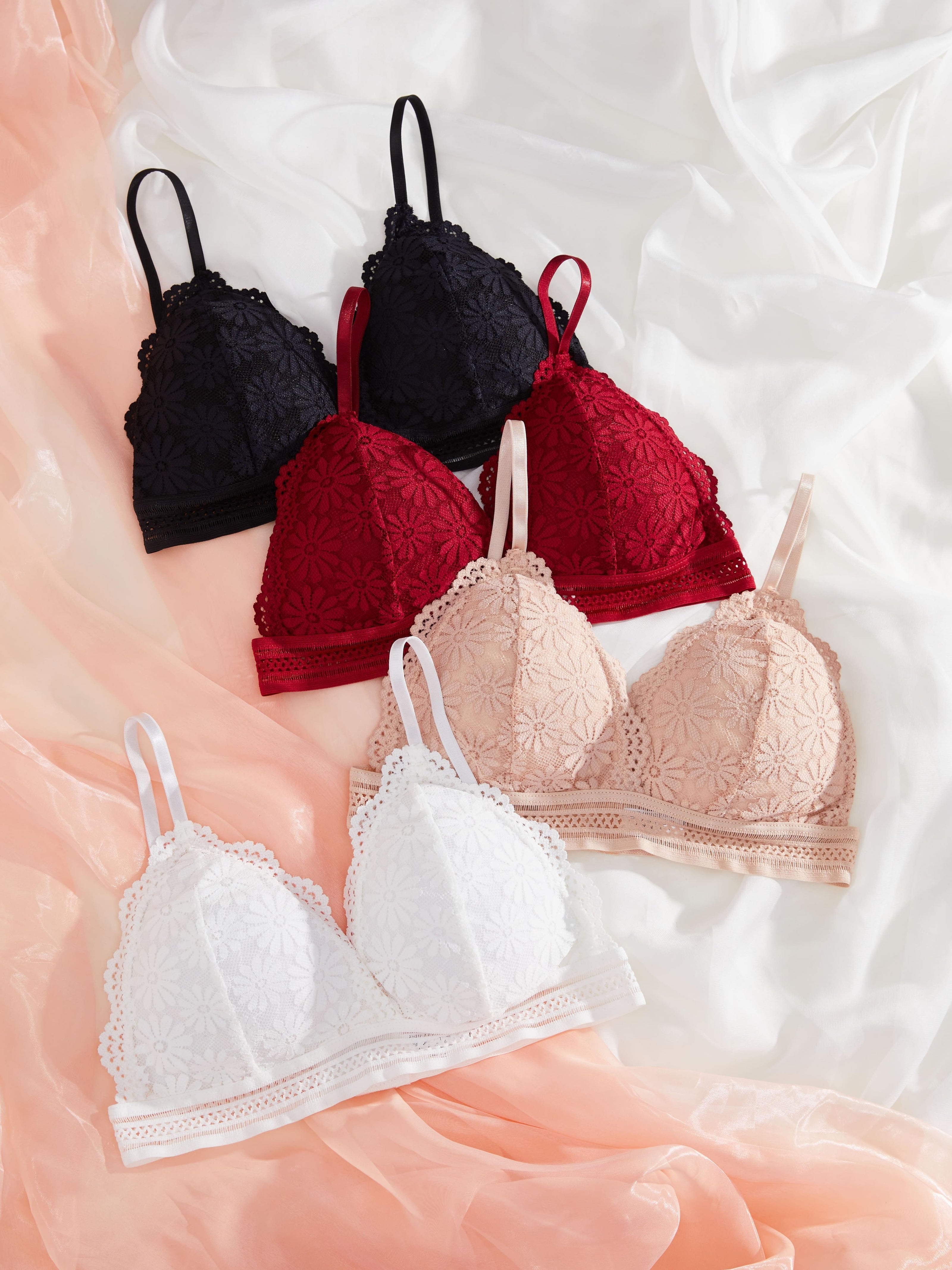 Women's Wireless Lace Bras with Contrast Trim and Scalloped Edges