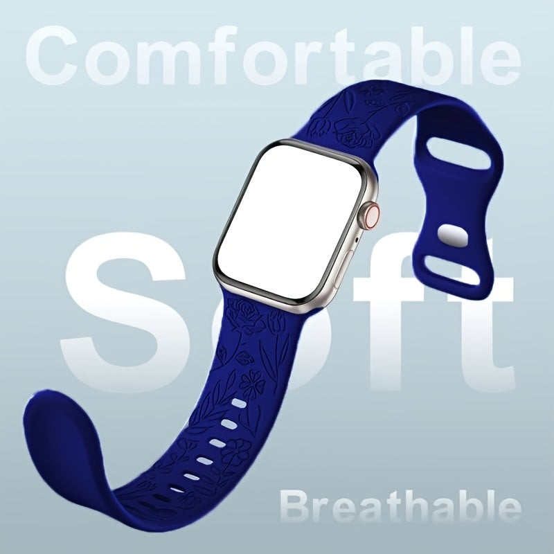 Rose Flower Engraved Silicone Smartwatch Band for iWatch Compatible with 38mm 40mm 44mm 45mm Models Water Resistant