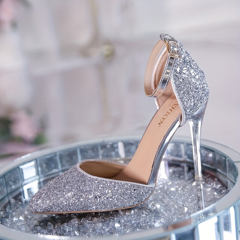 Women Silver Sequin Pointed Toe Stiletto Heels Elegant Party Wedding Shoes