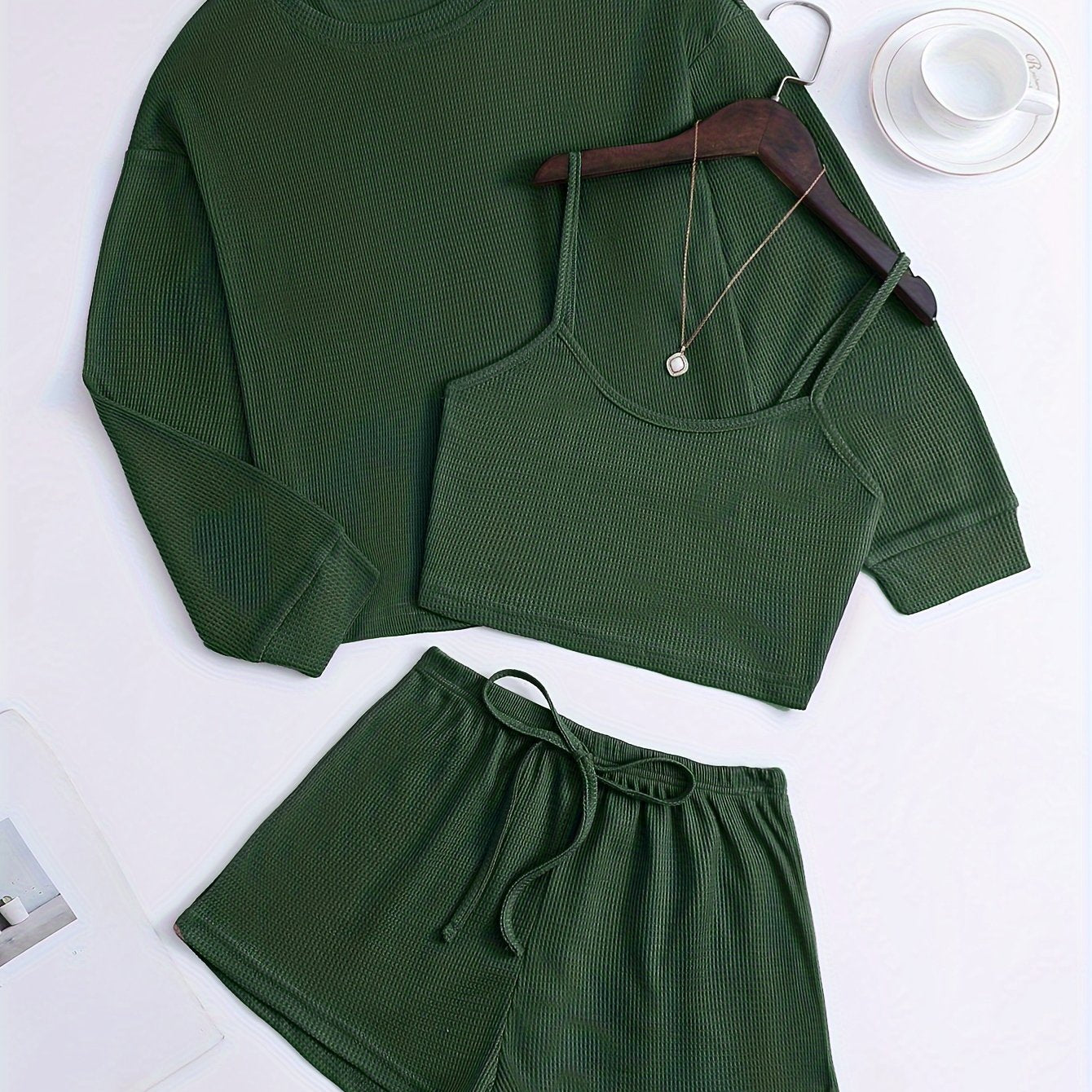 Women's Waffle Texture Loungewear Set with Long Sleeve Top Crop Cami and Elastic Shorts