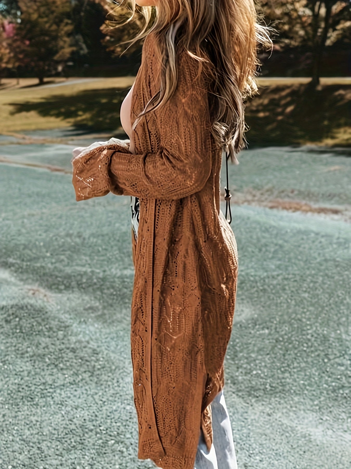 Women's Plus Size Crochet Cover-Up Brown Long Sleeve Beach Vacation Style