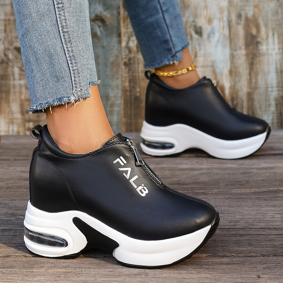 Women's Fashion Sneakers with Air Cushion Zipper Closure Solid Low Top Rubber Sole