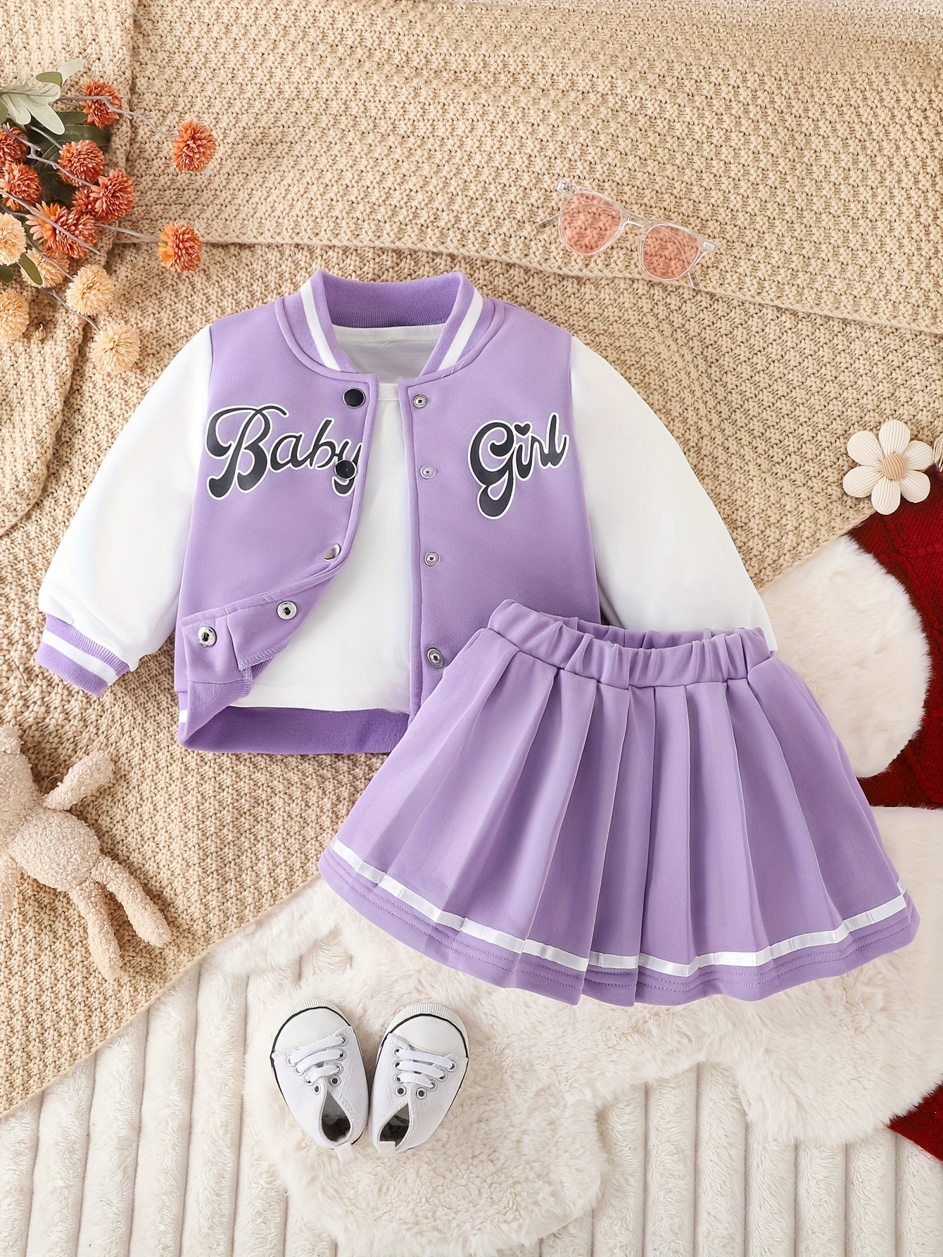 Girls Baby Girl 2-Piece Baseball Jacket and Pleated Skirt Set Fall Winter Cotton Blend