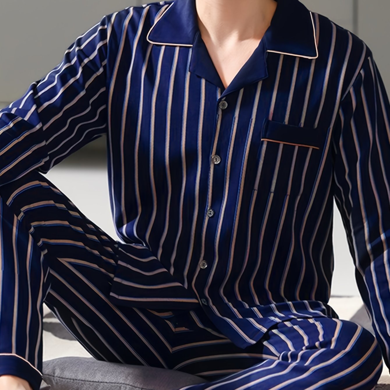 Men's Striped Long Sleeve Pajama Set Polyester Elastane Sleepwear with Pockets for Spring Autumn