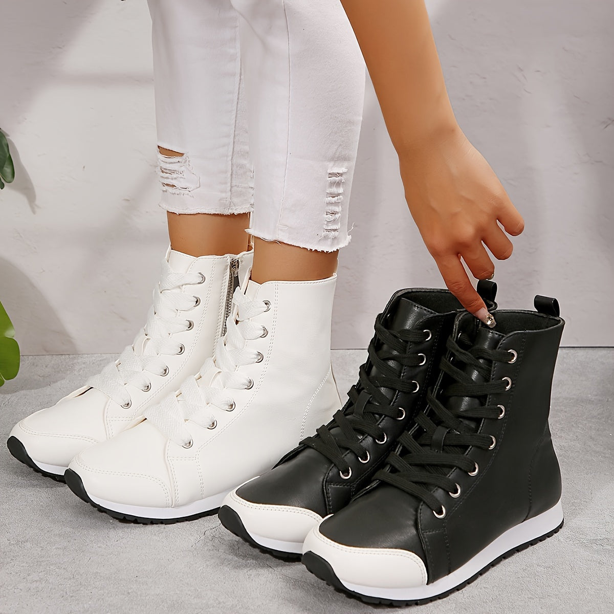 Women's Black White High Top Zipper Short Boots Sneakers