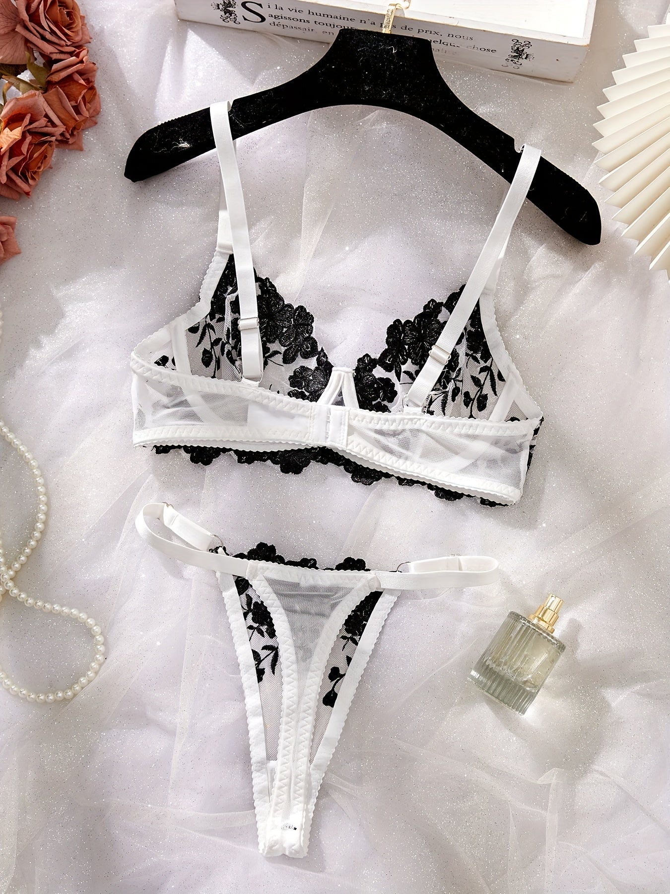 Women's Embroidered Lingerie Set with Thin Shoulder Straps Bra and Panty
