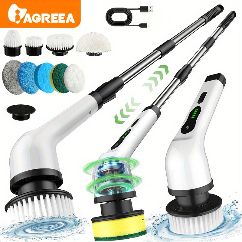 Elektr aylanuvchi yuvish vositasi, almashtiriladigan 6/9 cho'tkali boshlar bilan: hammomlar, vannalar va pollar uchun simsiz tozalash cho'tkasi - sozlanadigan uzaytirilgan tutqich va USB-C zaryadlash kabeli kiritilgan