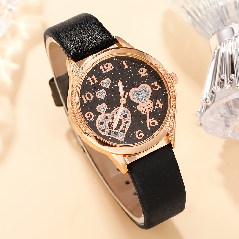 Set of 6 Women's Fashion Quartz Watches with Black PU Leather Rhinestone Jewelry and Bag