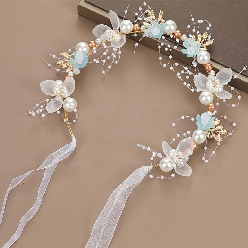 Romantic Bridal Headpiece with Faux Pearls Floral Wreath Ribbon Tie