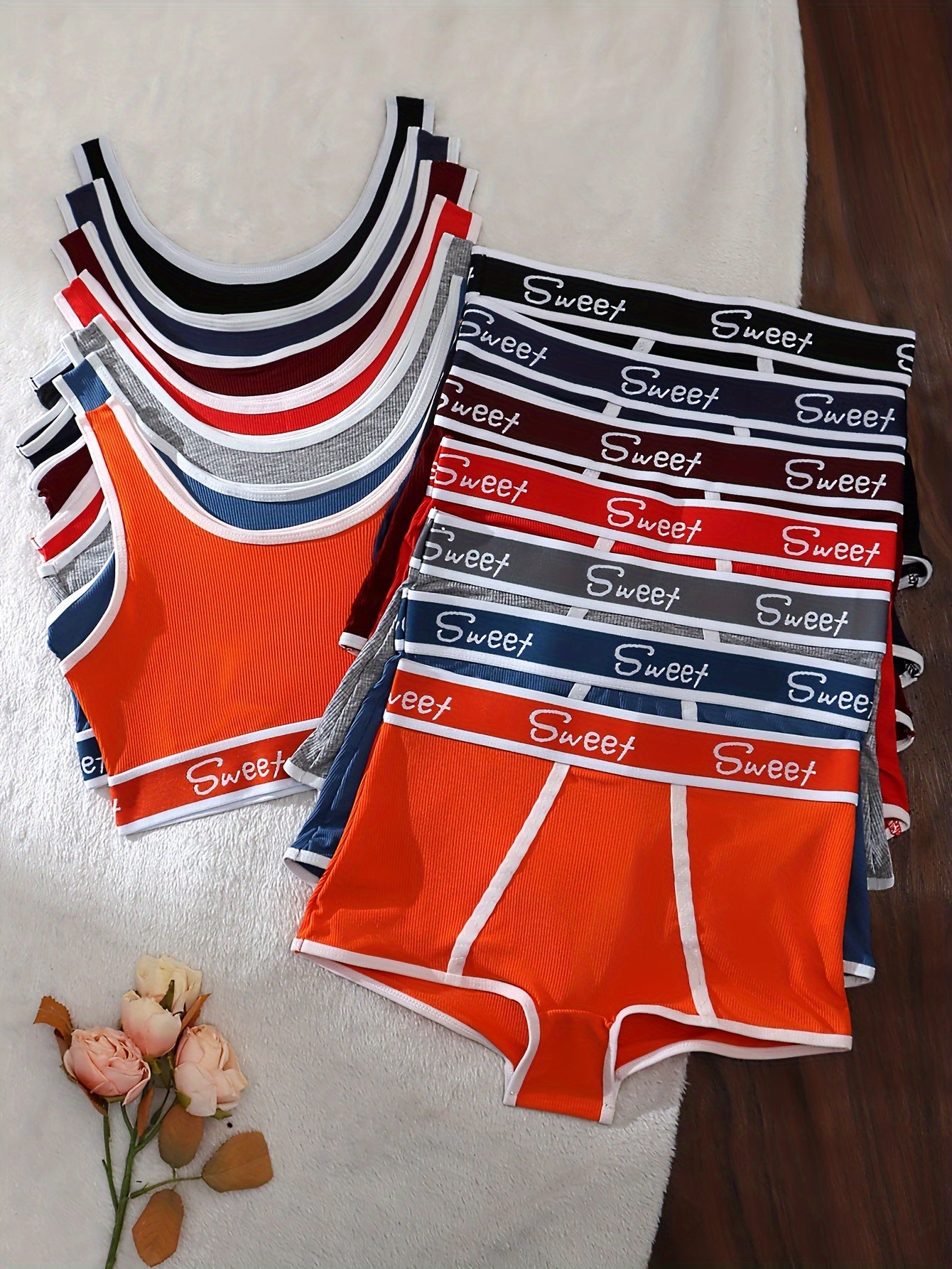 Women’s Lingerie Set 7-Piece Color Block Letter Print Tank Bra and Panties