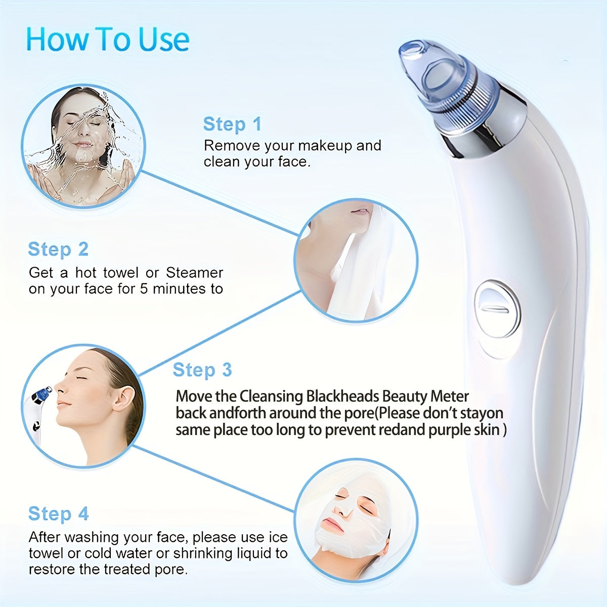 Blackhead Remover Facial Cleansing Device Portable Pore Cleaner with 4 Probes for Men and Women