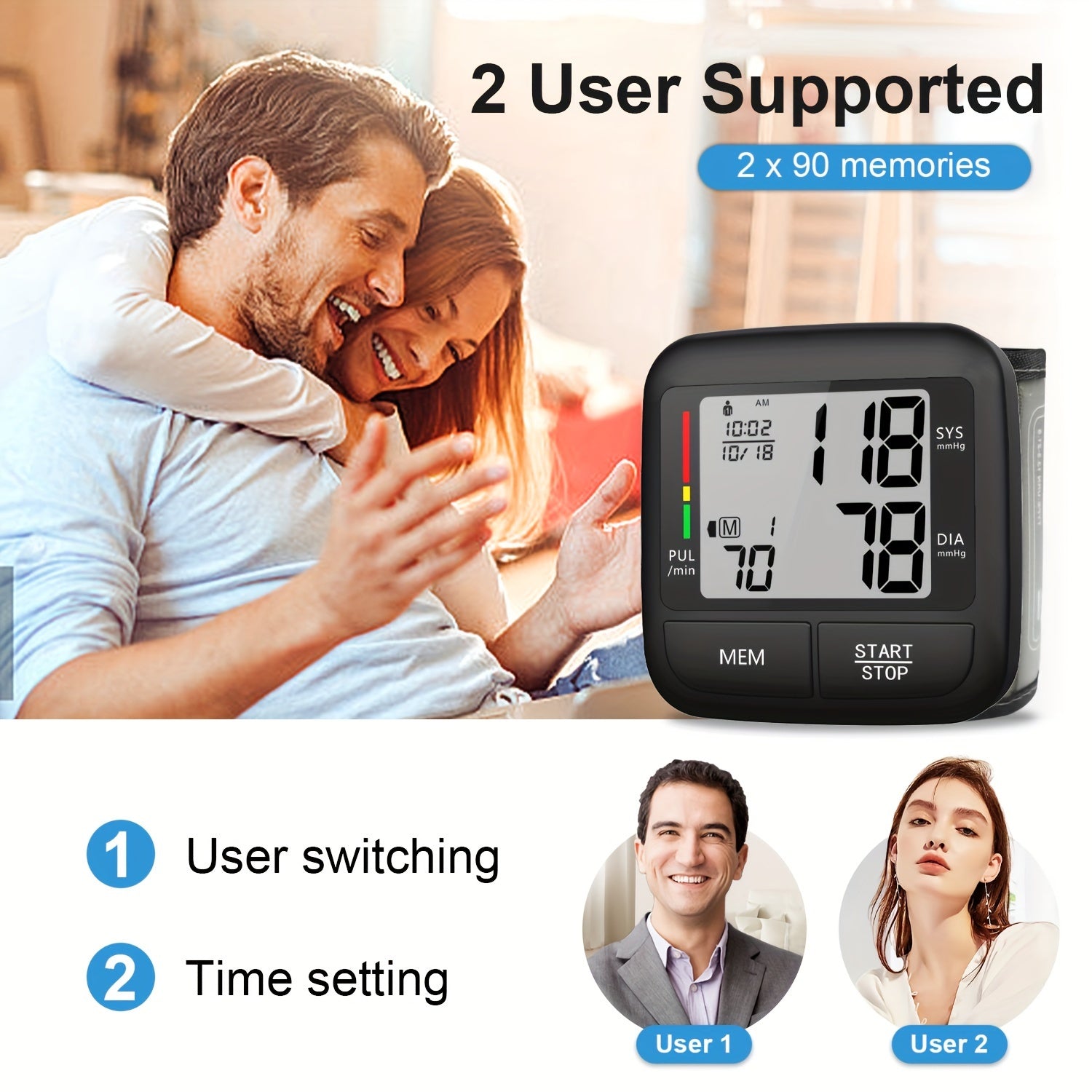 Portable Wrist Blood Pressure Monitor with Large LCD Display Automatic Digital Device with Wrist Strap