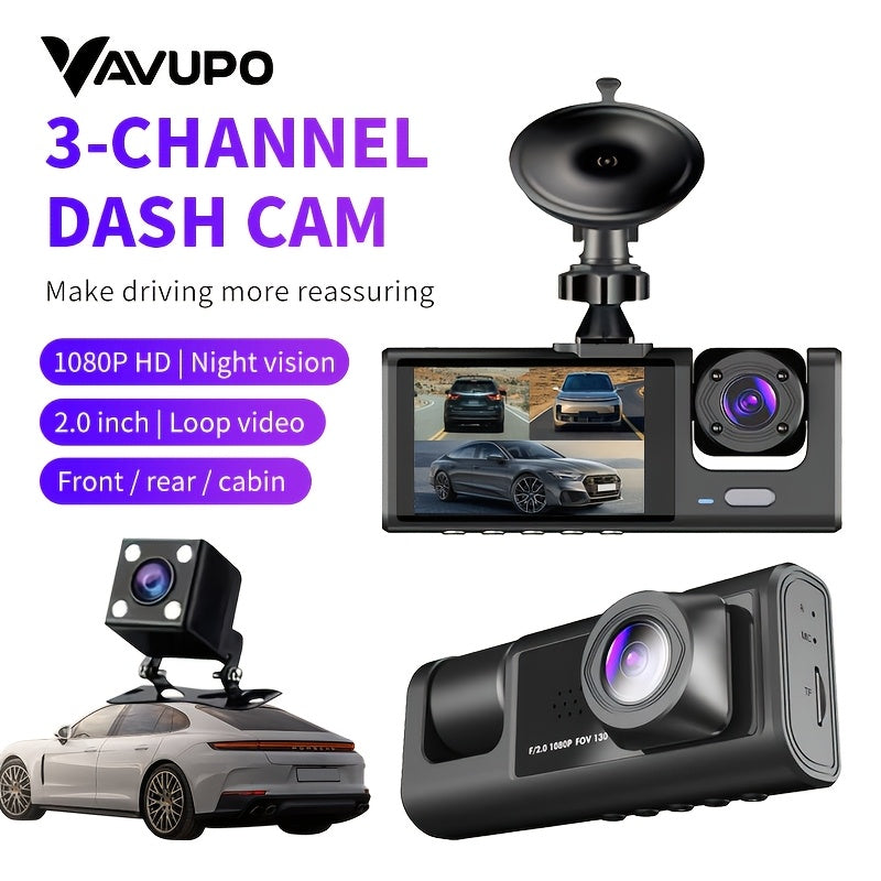 Car Dash Cam 1080P 3-Channel Night Vision Wide Angle Loop Recording Black