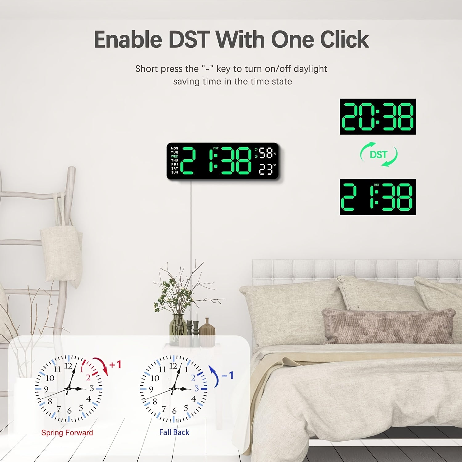 Large Digital Wall Clock with Dual Alarm Temperature Humidity Date Display