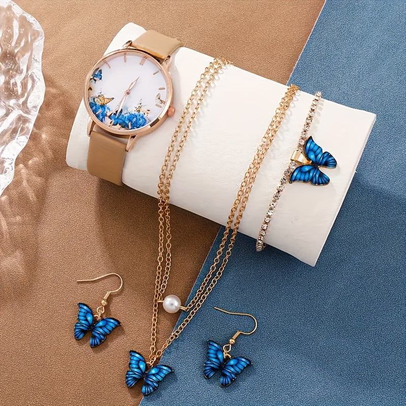 Set of 5 Blue Quartz Watches with Leather Strap Zinc Alloy Dial and Butterfly Jewelry