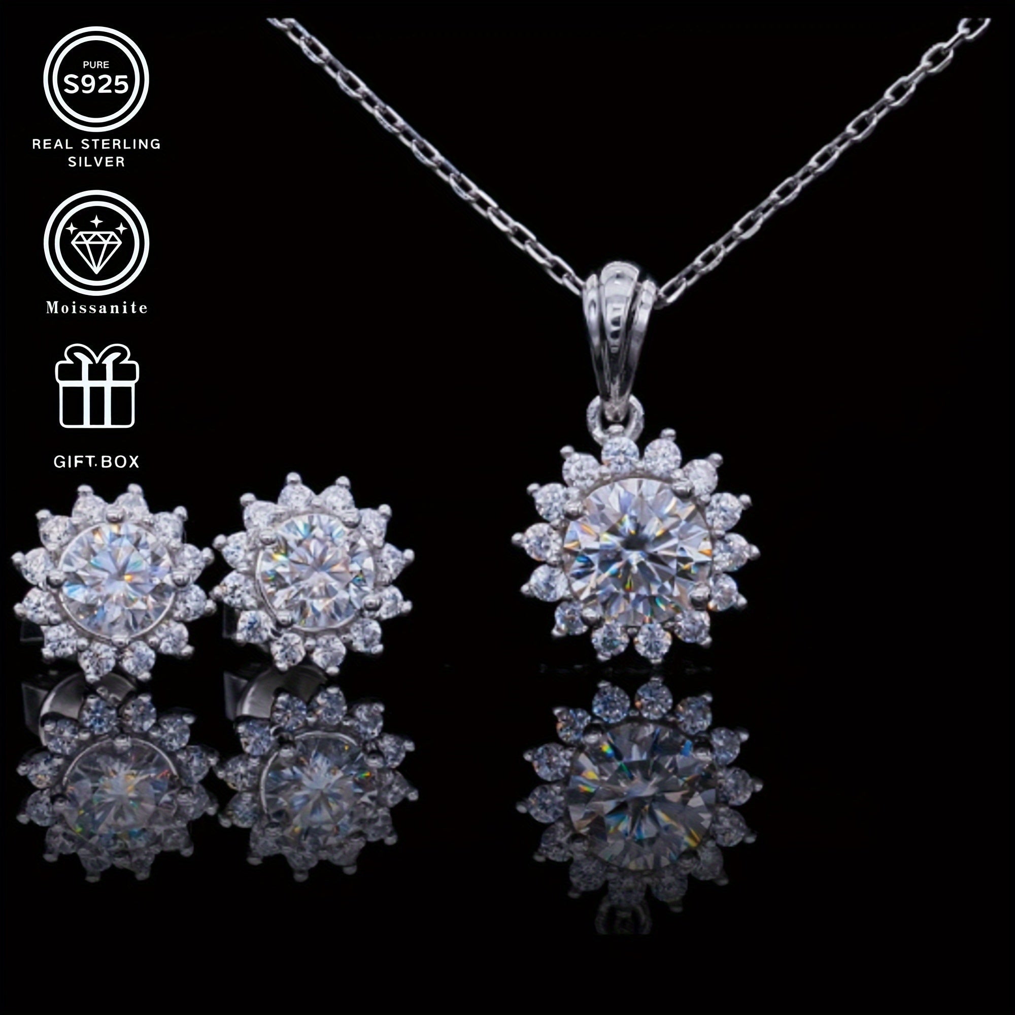 Sunflower Moissanite Jewelry Set in Silver Plating with 1CT Pendant and 0.5CT Earrings for Women