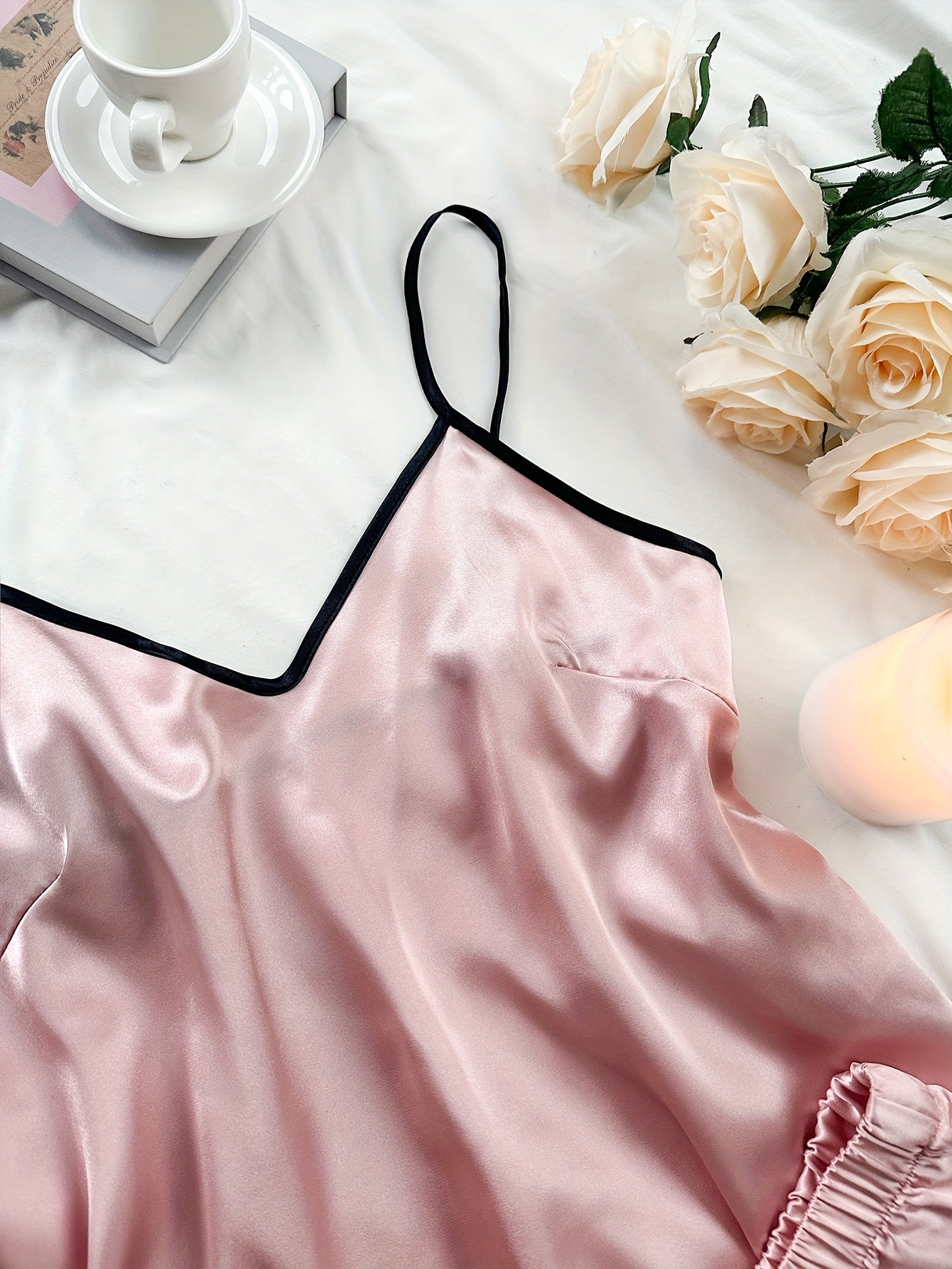 Women's Solid Color Pajama Set with Bow Suspender Shorts for All Seasons