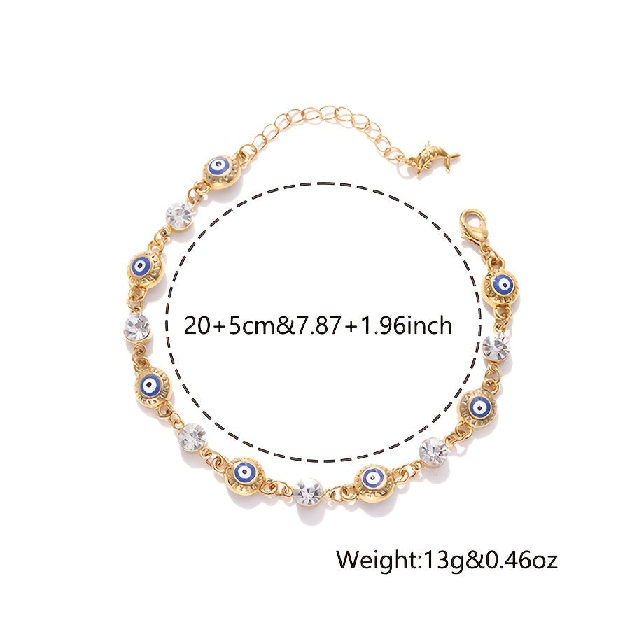 Gold-Plated Copper Alloy Bracelet with Rhinestones and Devil's Eye Accents for Women
