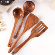 Set of 4 Wooden Cooking Utensils with Comfort Grip Handles for Nonstick Cookware