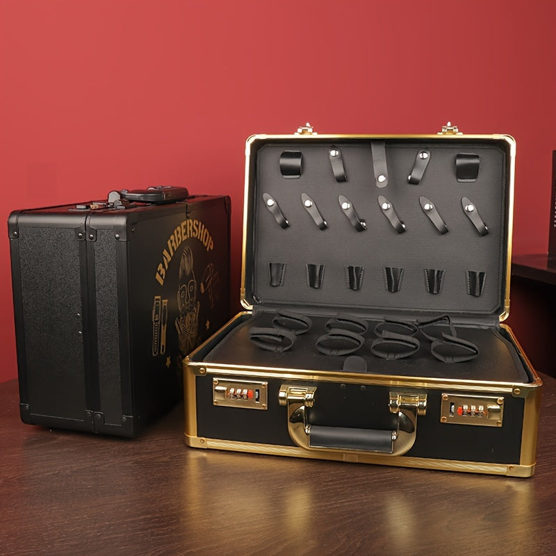 Qassoblar uchun mo'ljallangan qattiq saqlash qutisi, qaychi, taroq, moy va aksessuarlar bilan