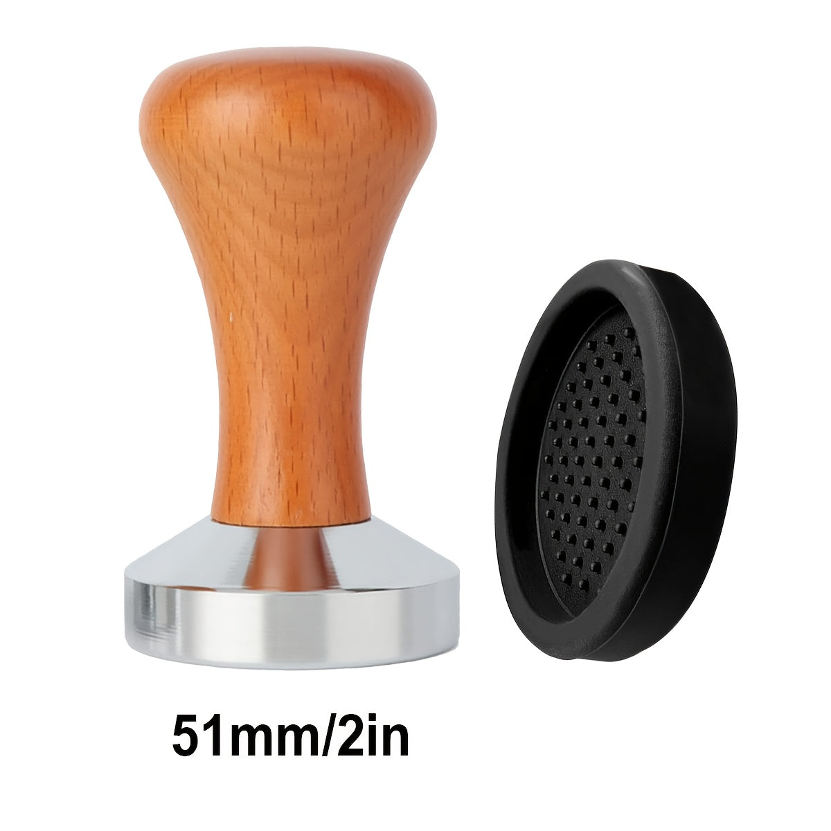 Premium yog'och tutqichi bilan zanglamaydigan po'latdan yasalgan tekis asosli espresso tamperi - Silikon mato bilan birga, optimal tayyorlash uchun zanglamaydigan dizayn (53mm, 51mm va 58mm o'lchamlarda mavjud)