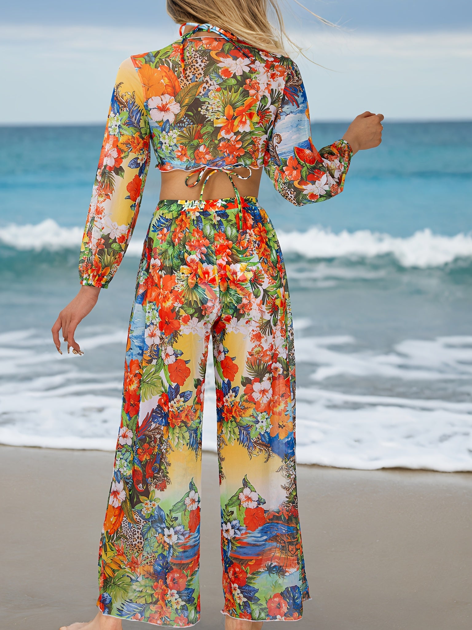 2024 Floral Printed Four-Piece Sand Swimwear High Stretch Polyester