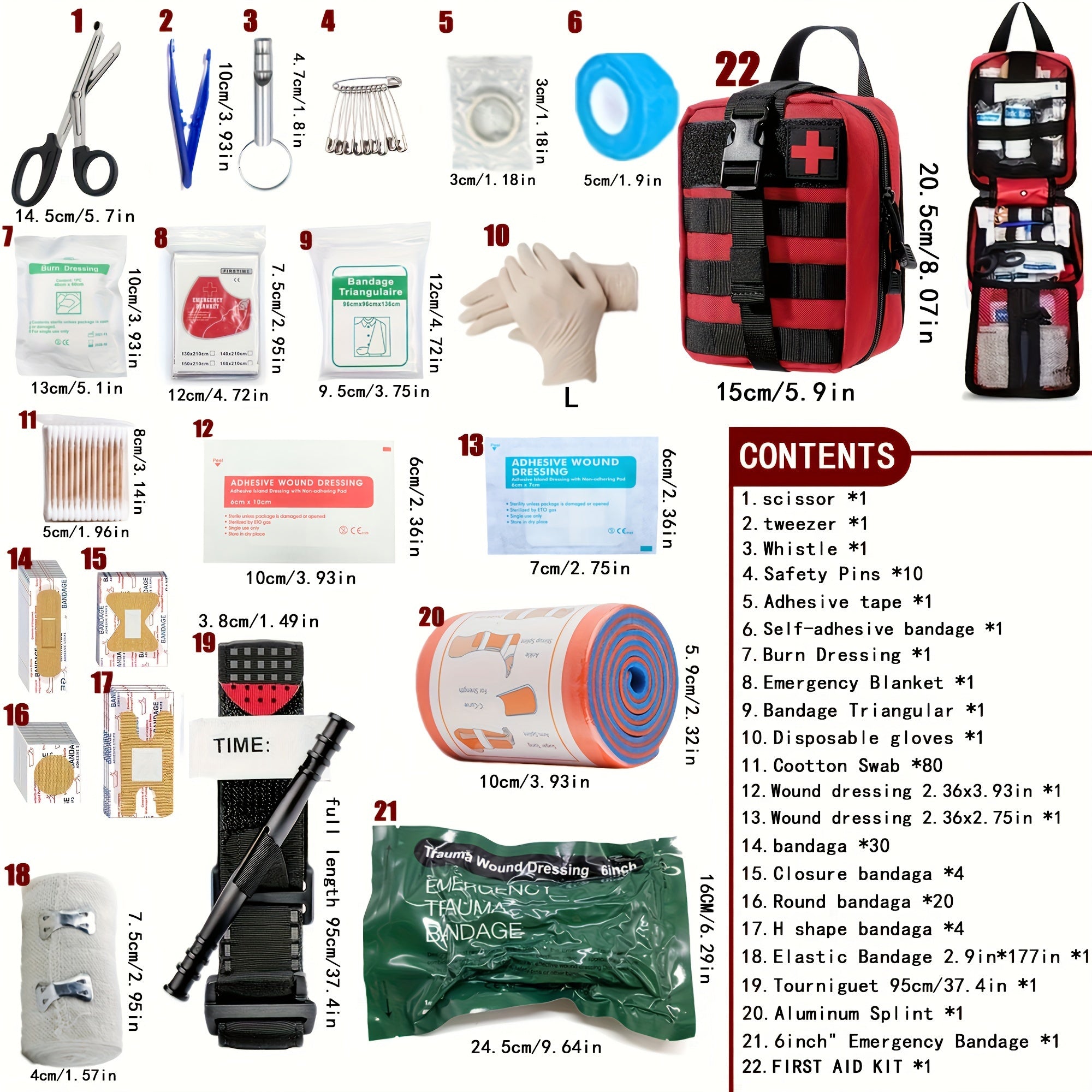 Tashqi faoliyatlar uchun 164 ta bo'lakli taktik birinchi yordam to'plami, bandajlar, qaychi, pinsetlar va termal yostiq bilan