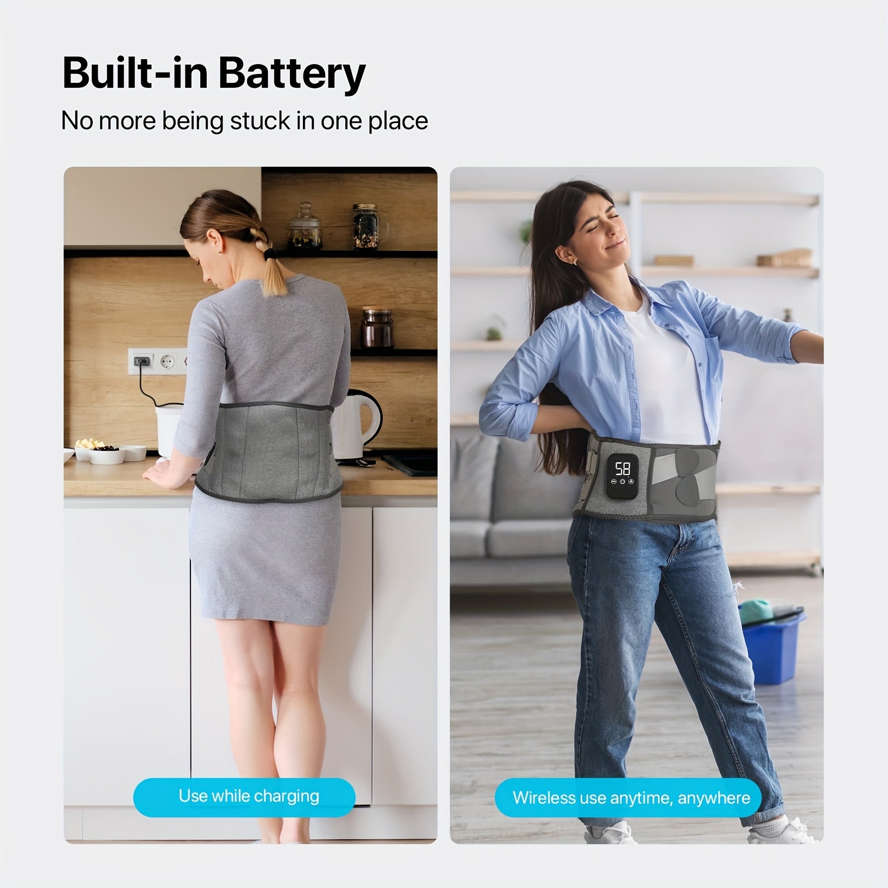 Беспроводной грелка с функциями массажа, перезаряжаемый аккумулятор для облегчения боли в спине, подходит для мужчин и женщин