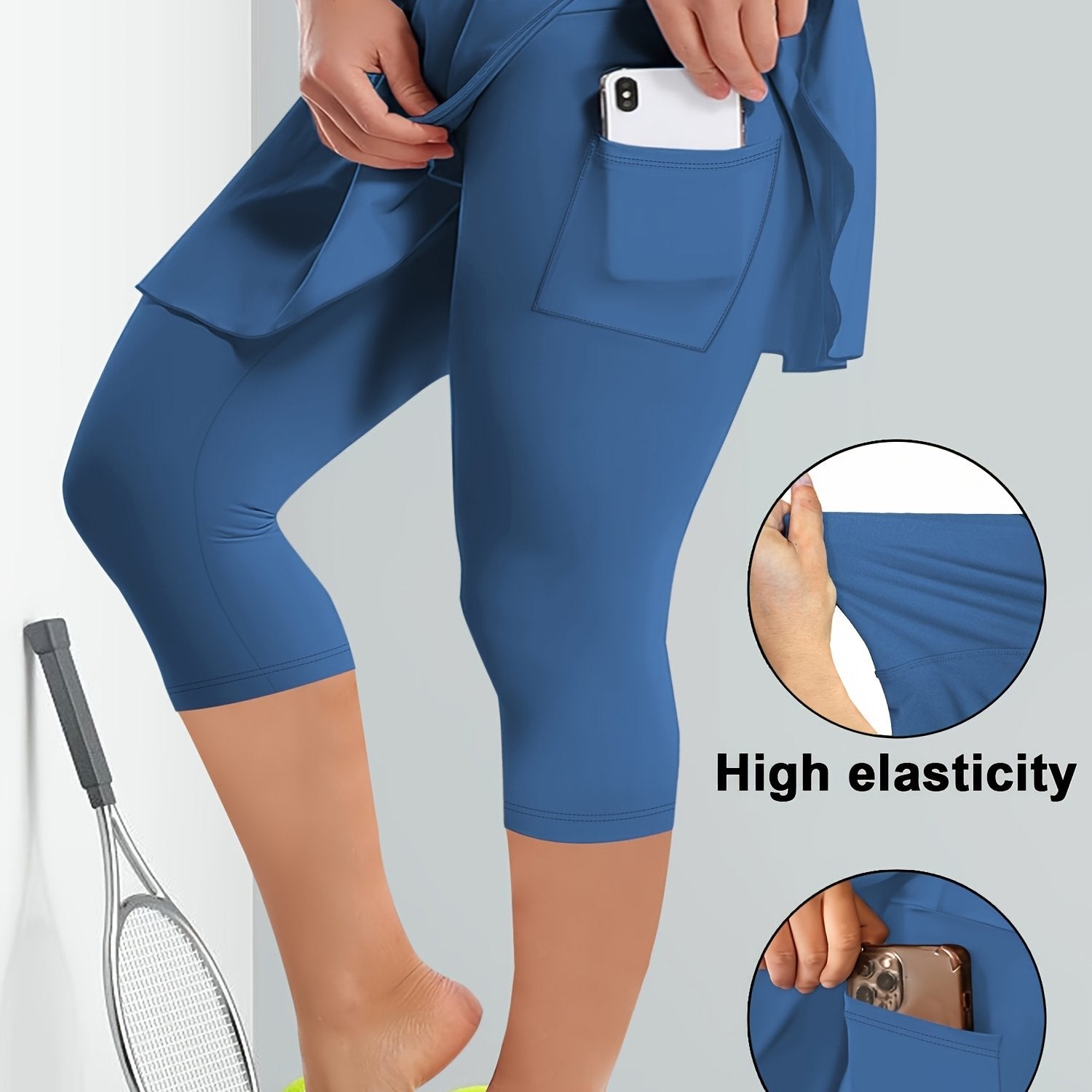 Women's High Stretch Culottes with Side Pockets Polyester Knit Solid Color Three Quarter Length Spring Summer Fall