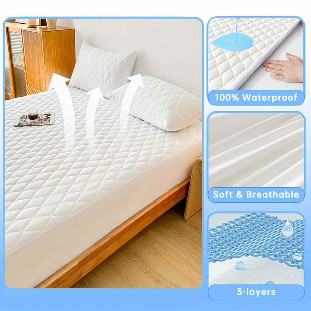 Waterproof Quilted Fitted Bed Sheet Protector for Single or Double Bed Gray White 1 Piece