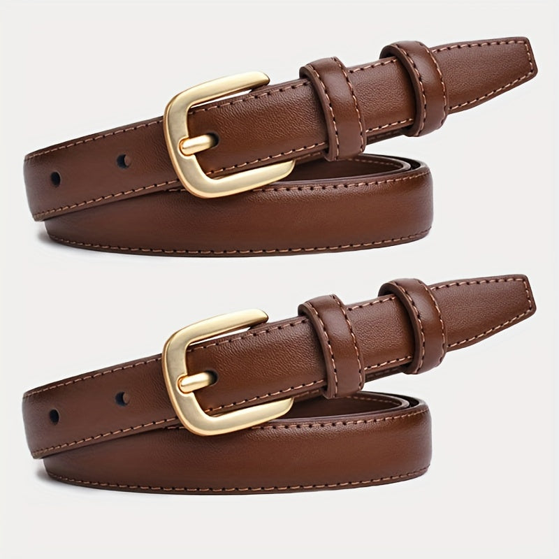 Women's PU Leather Belts with Golden Buckle 2-Pack Casual Vintage for Jeans Dresses