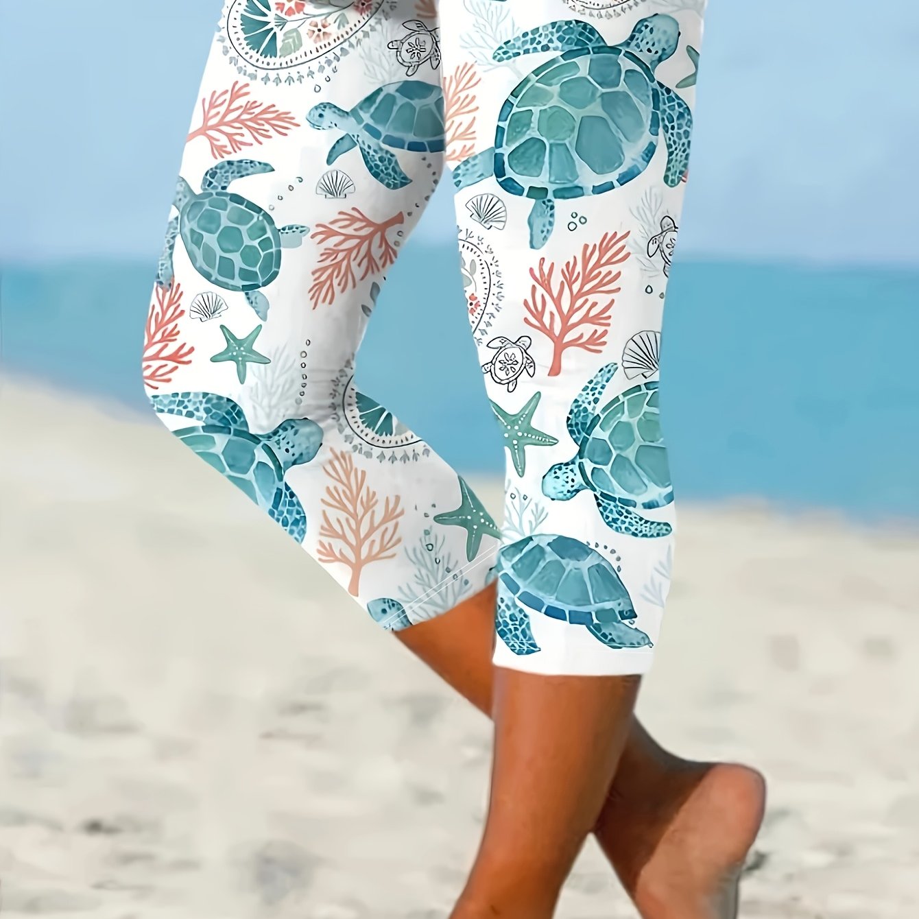 Plus Size Women's High-Waisted Capri Leggings Tropical Print Stretchy Comfortable