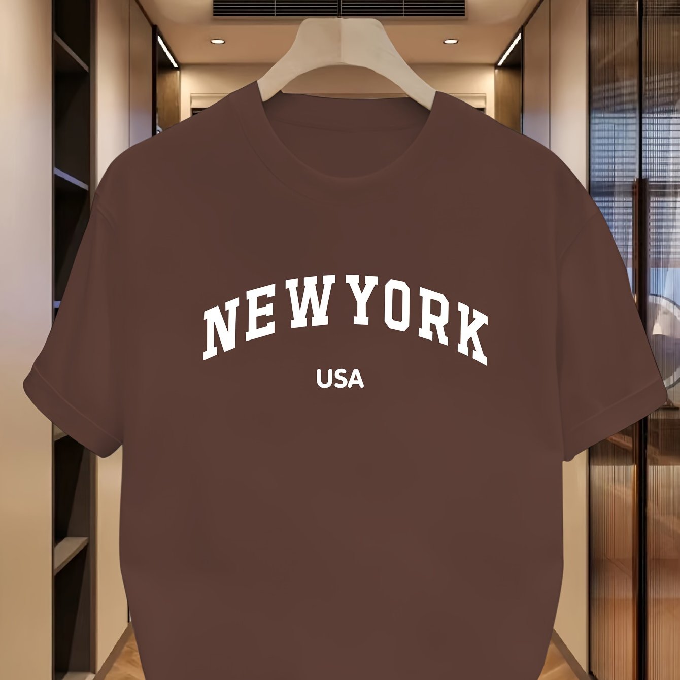 Camiseta de manga corta casual de verano para hombre con estampado de Nueva York, EE. UU., poliéster, elastano, ligero estiramiento, corte regular