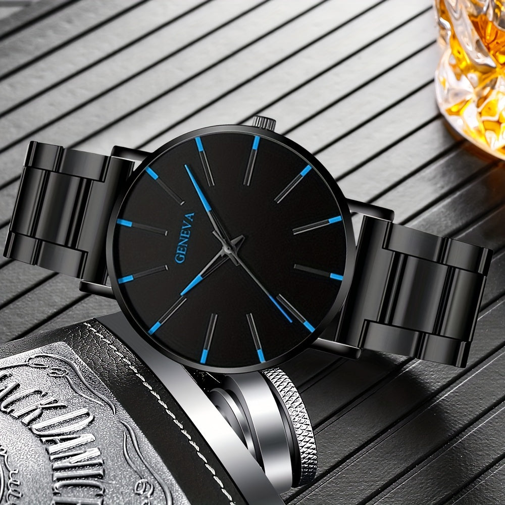 Men's Stainless Steel Quartz Watch with Round Dial Non-Waterproof Gift for Dad or Boyfriend