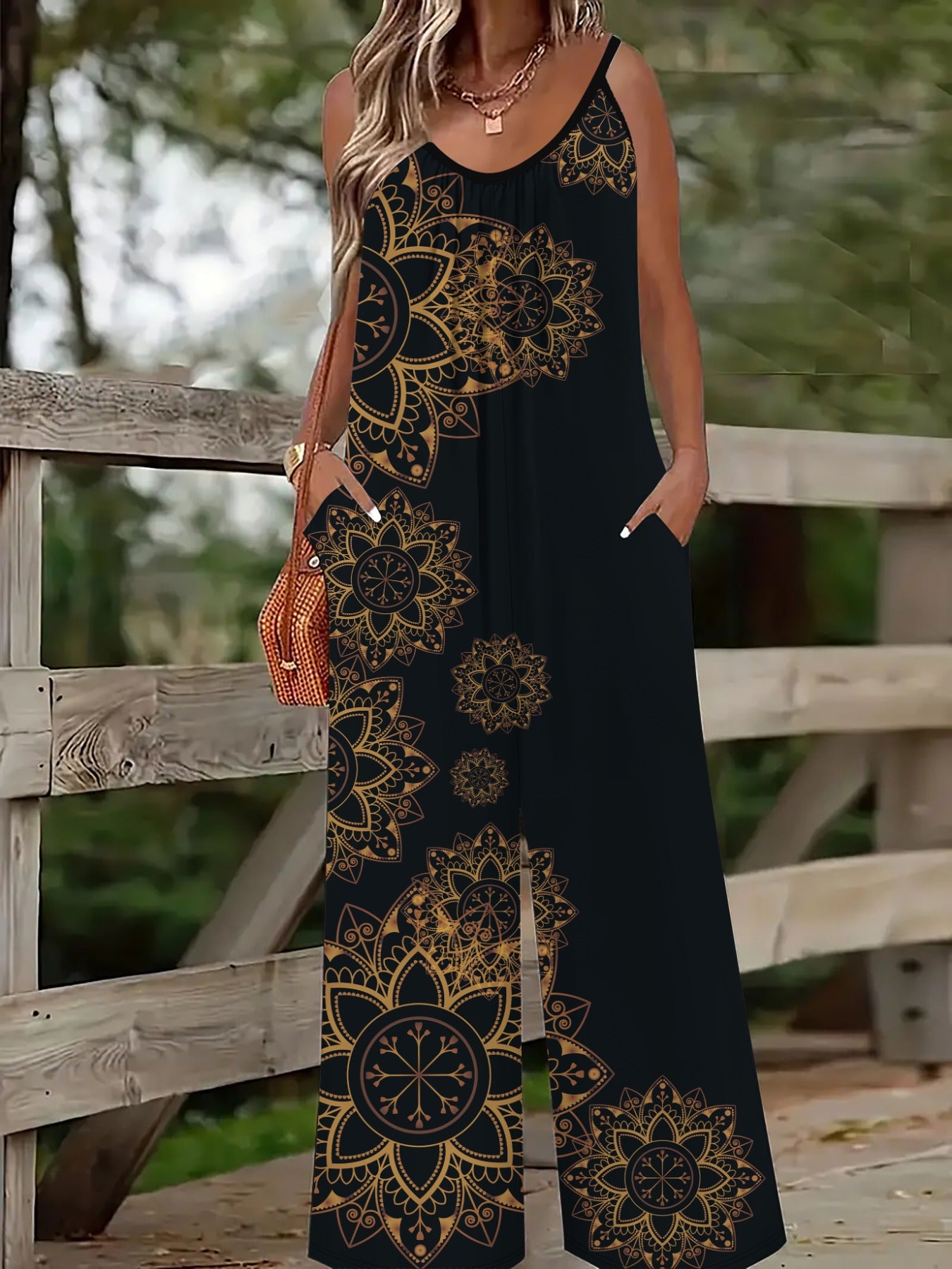 Mono sin mangas para mujer con bolsillos negro y dorado para todas las estaciones, no elástico