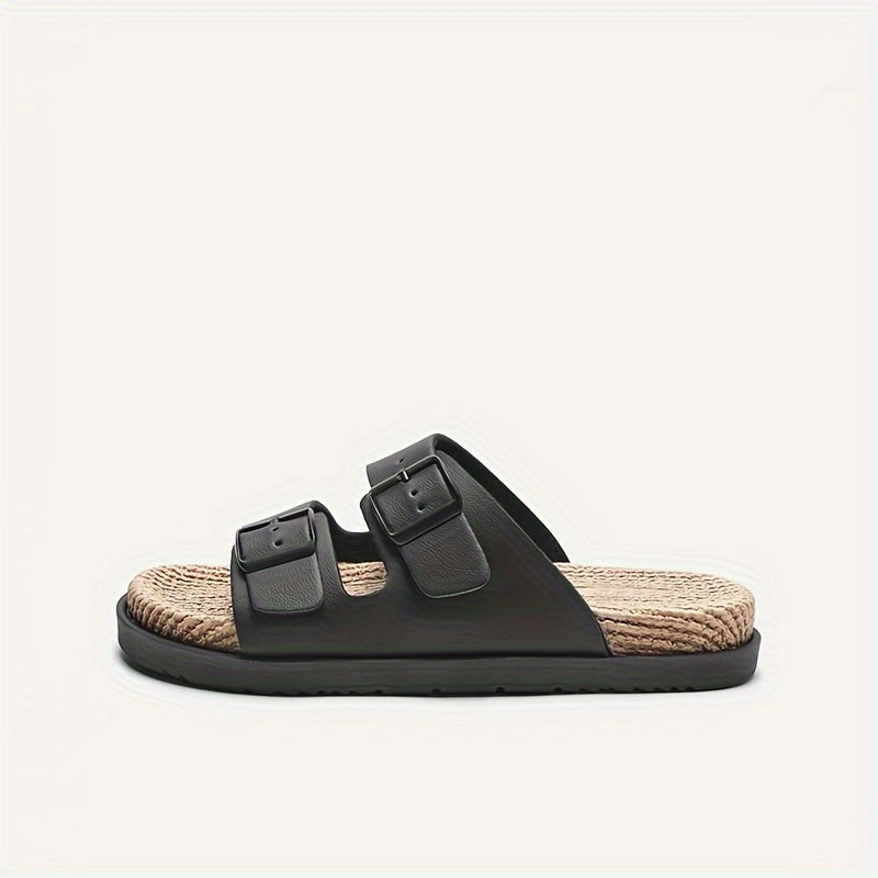 Erkaklar uchun bir rangli ochiq barmoqli slippers, bog'ichli tasmalari bilan, nafas oladigan va qulay EVA tagligi, plyaj yoki tasodifiy kiyim uchun mukammal.