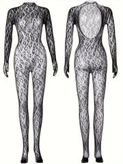 Black Lace Bodystocking with Intricate Patterns Long Sleeve Open Crotch See-Through for Festivals Beachwear