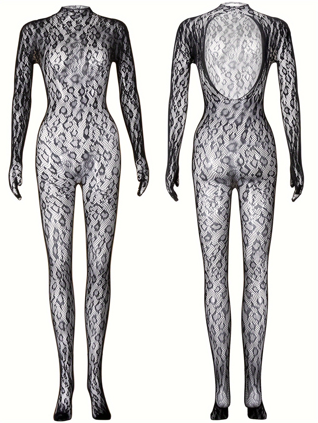 Black Lace Bodystocking with Intricate Patterns Long Sleeve Open Crotch See-Through for Festivals Beachwear