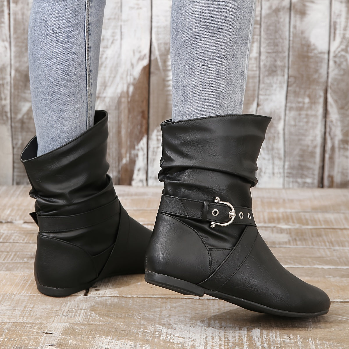 Women's Slip-On Platform Boots with Adjustable Strap Buckle Faux Cover