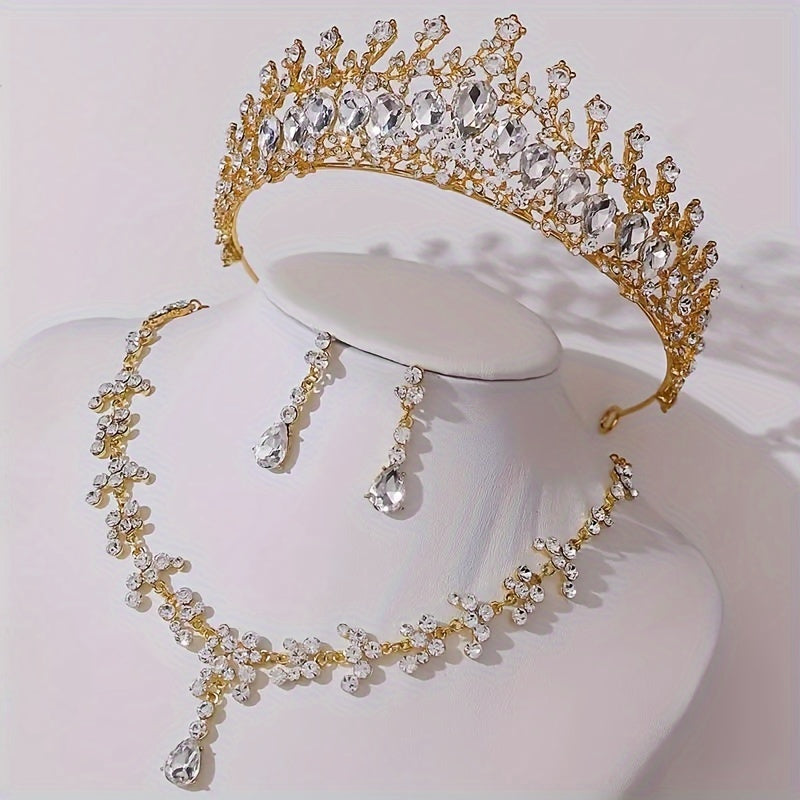 Set of 3 Bridal Rhinestone Crown Jewelry Tiara Necklace Earrings Wedding Accessories