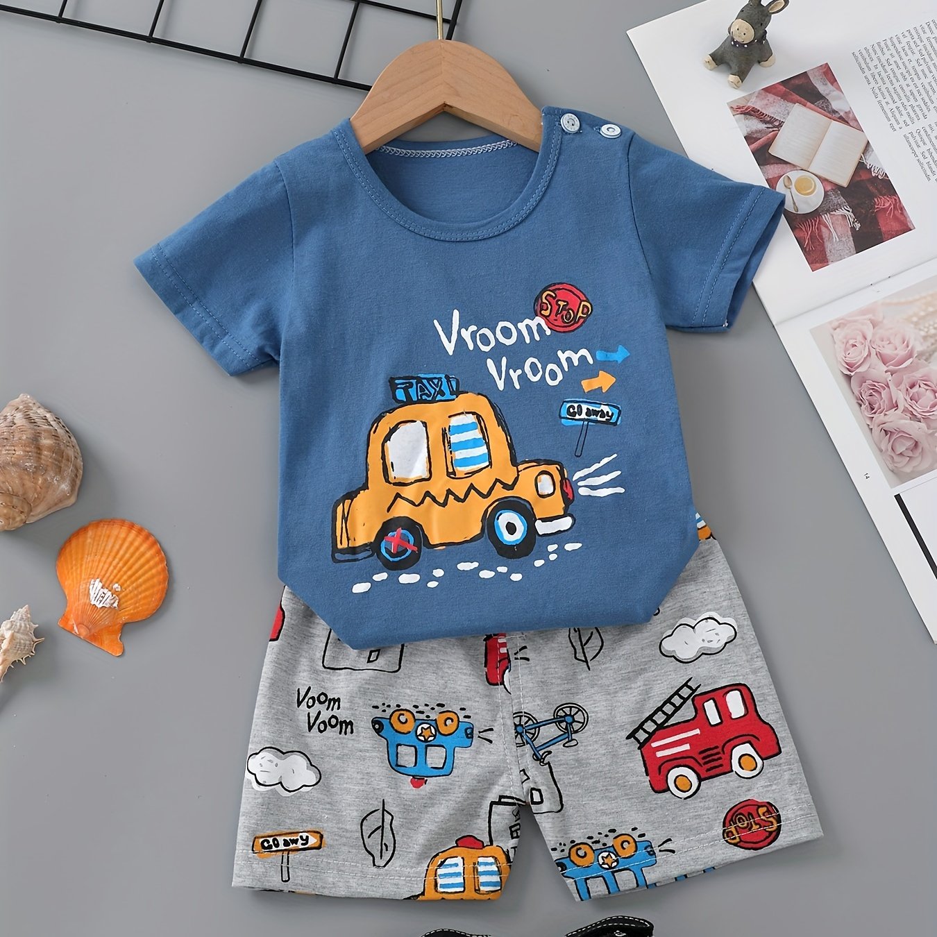 Kids' Cotton Taxi Print T-Shirt and Shorts Set for Summer Casual Wear